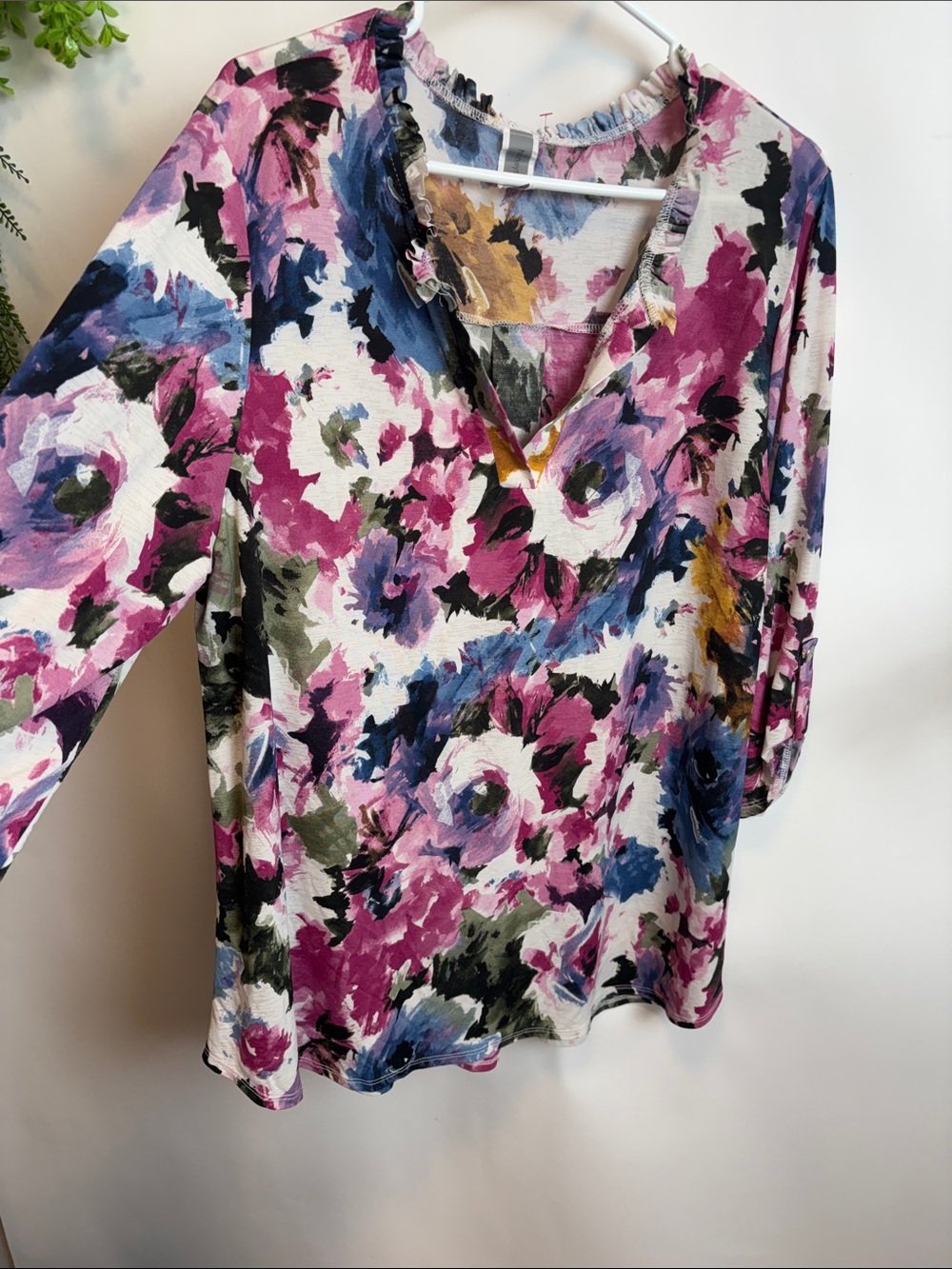 Floral V-Neck Ruffle-Trim Blouse in Pink Multi
